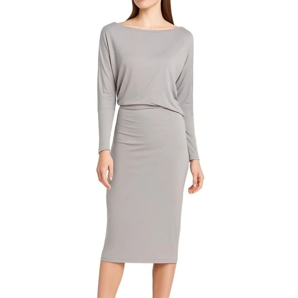 BCBGMAXAZRIA Laheld Bodycon Gray Draped Minimalist Boat Neck Midi Dress Womens M